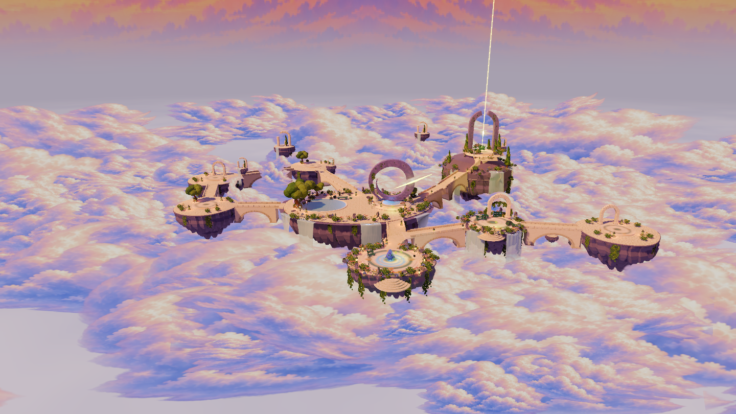 A floating sky garden with a reflecting pool, open stone arc, waterfalls and a summit gateway.